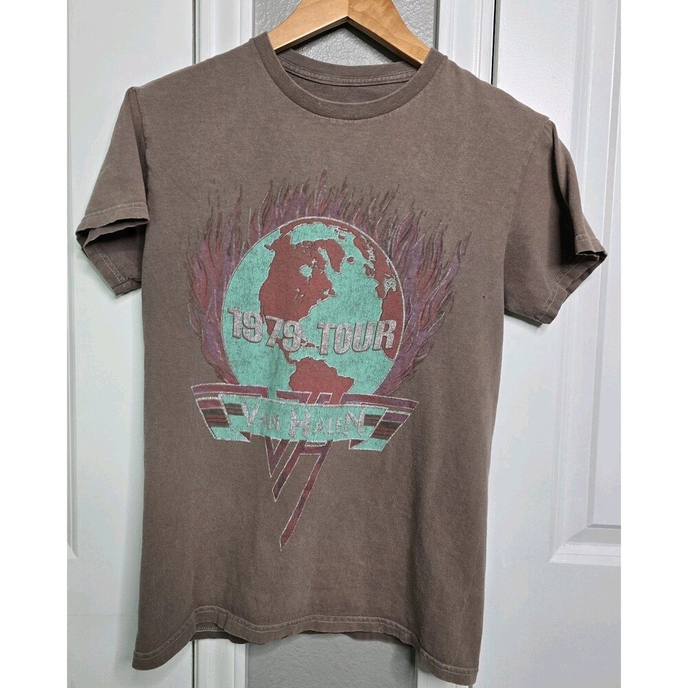 ROCK VAN HALEN 1979 WORLD TOUR CONCERT T-SHIRT -Sz S- DISTRESSED BROWN